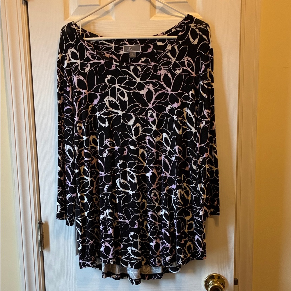 JM Collection Black Floral Tiered Tunic Skirt with White & Light Purple Print